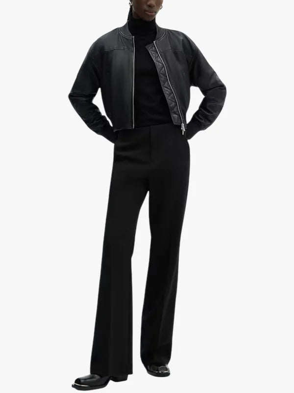 Mango Outlet Women Black Leather Bomber Jacket