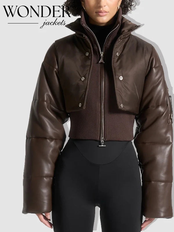 Maniere De Voir Cropped Puffer Jacket Brown