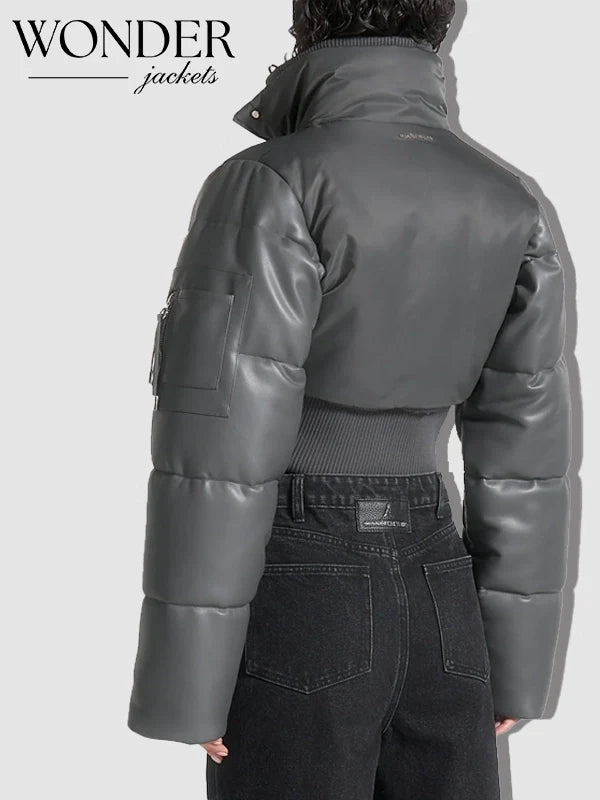 Maniere De Voir Leather and ylon Layered Puffer Jacket_Grey