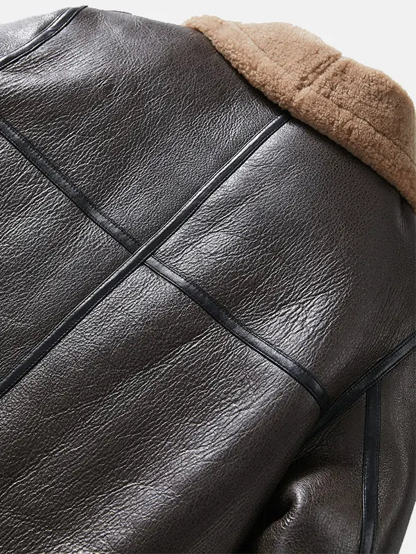 Men Brown Sheepskin B-3 Bomber Shearling Flight Jacket Back Close Up