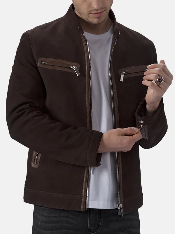 Men Cafe Racer Brown Suede Jacket