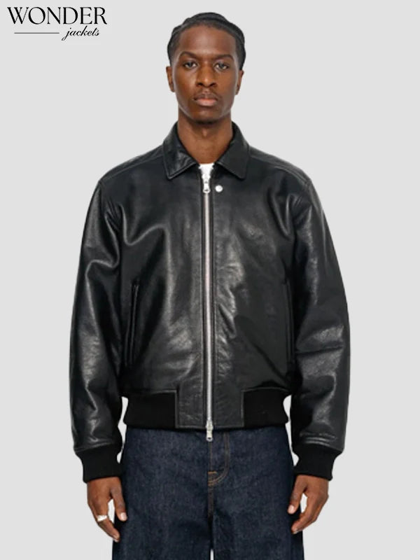 Stussy Flight Leather Bomber Jacket Black