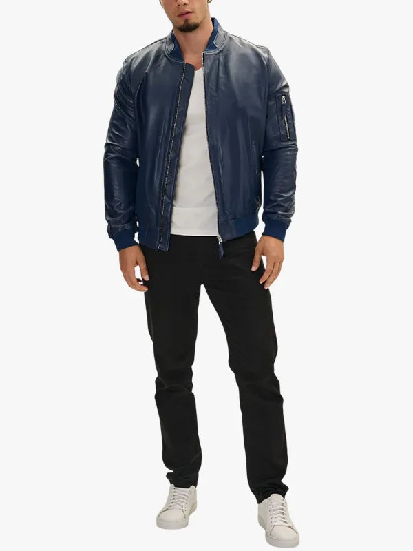Men Bomber Genuine Leather Blue Jacket 