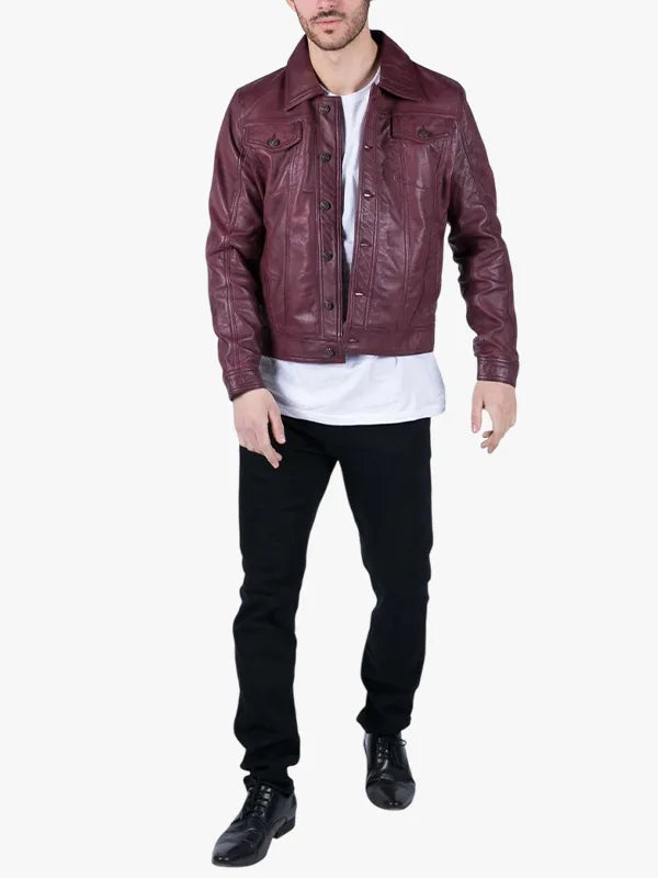Men Real Leather Shirt Jacket Burgundy Wine Retro Jeans 