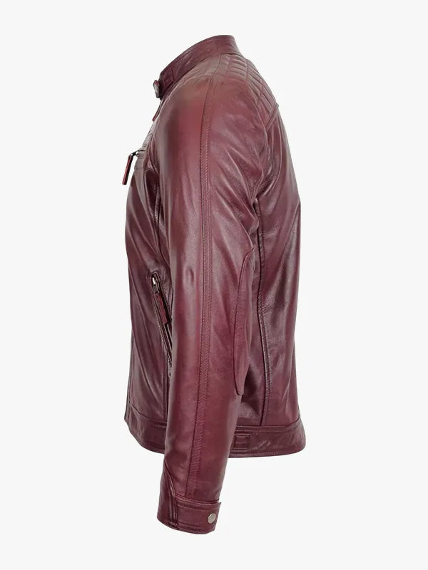 Men Stand Collar Real Lambskin Burgundy Leather Biker Jacket 