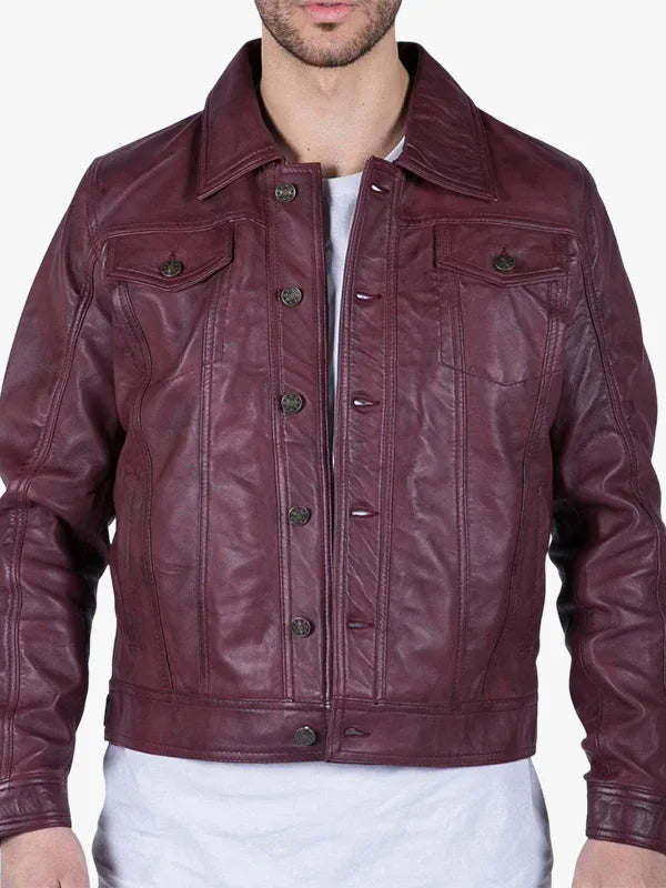Men’s Burgundy Leather Shirt Jacket 