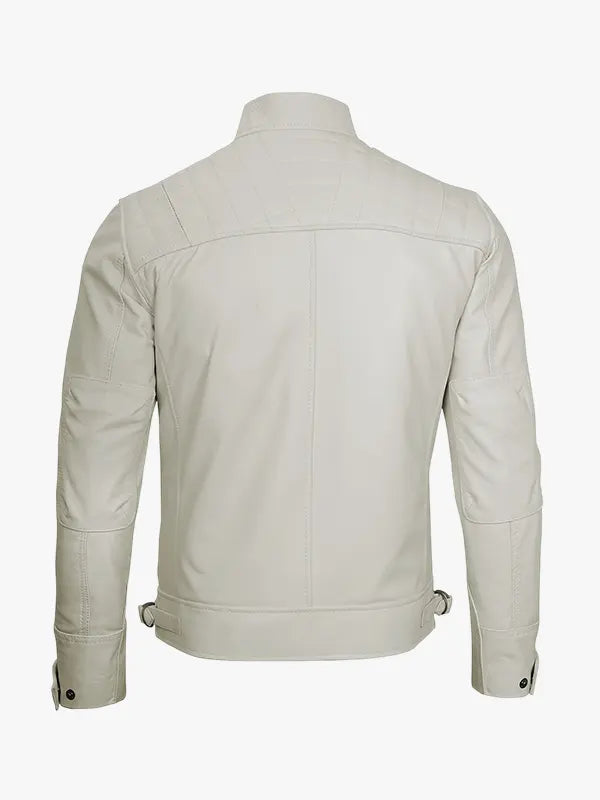 Men’s Casual Off White Leather Café Racer Jacket