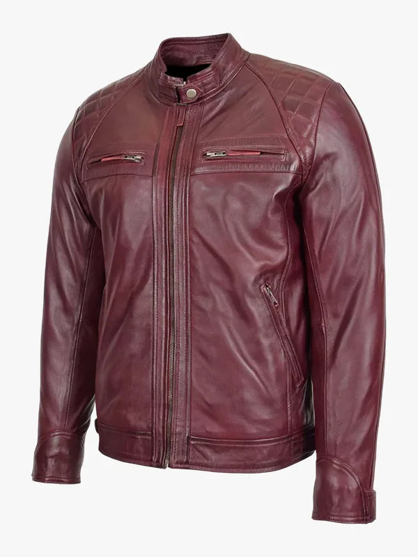 Men's Real Lambskin Burgundy Leather Biker Jacket 