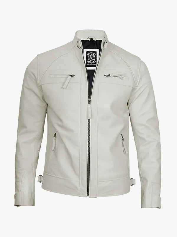 Men’s Slim Fit Off White Café Racer Leather Jacket