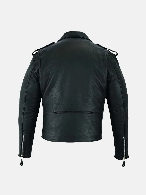 Mens Belted Black Leather Motorcycle Jacket Back