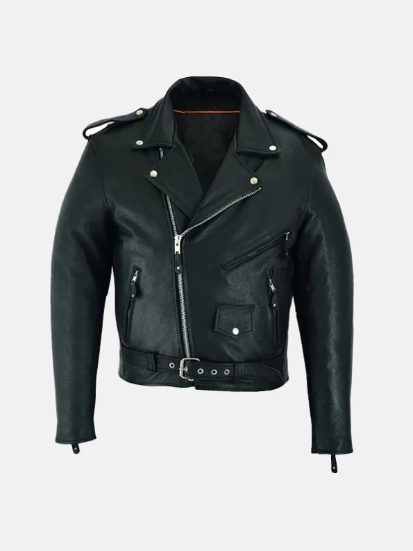 Mens Belted Black Leather Motorcycle Jacket Front