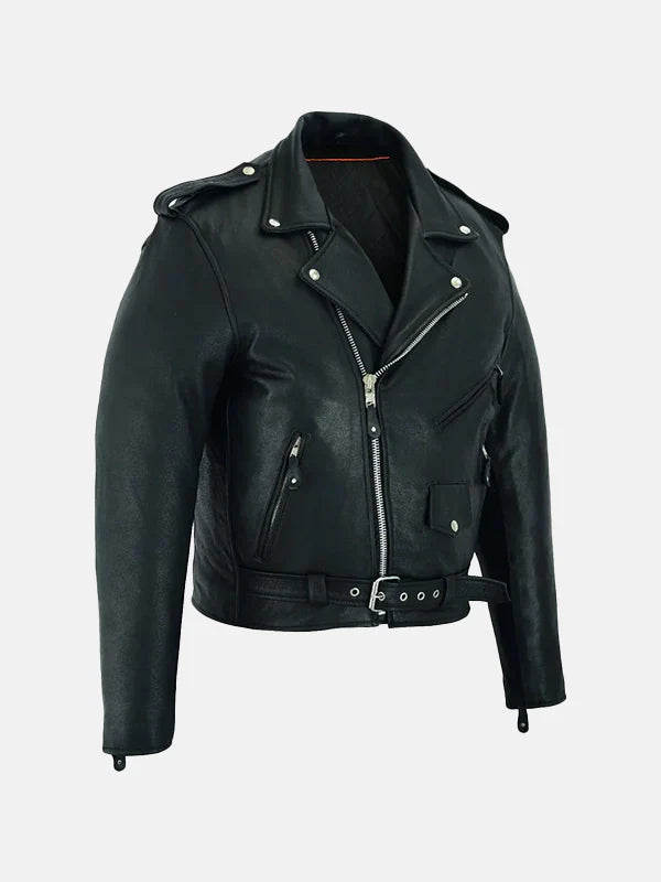 Men's Belted Black Leather Motorcycle Jacket