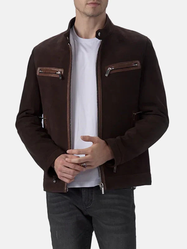 Mens Brown Suede Leather Cafe Racer Jacket Front Open