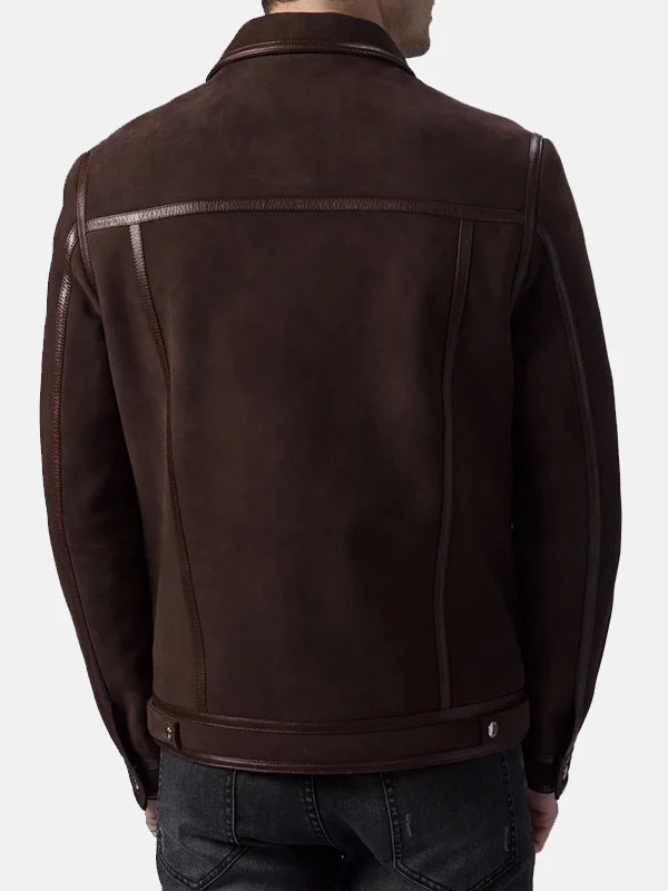 Mens Brown Suede Trucker Casual Leather Jacket Back