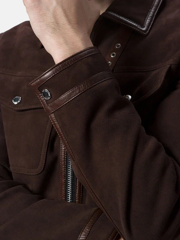 Mens Brown Suede Trucker Casual Leather Jacket Close Up