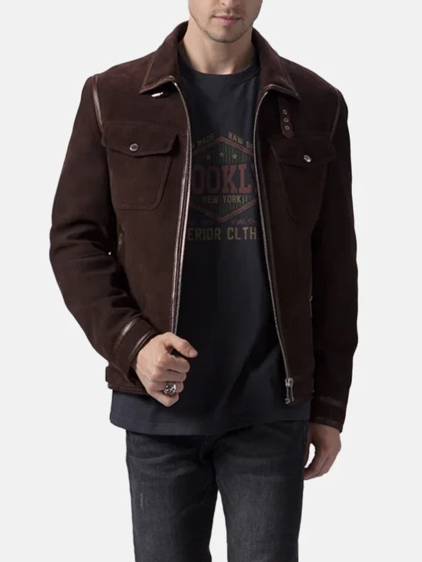 Mens Brown Suede Trucker Casual Leather Jacket Front Open