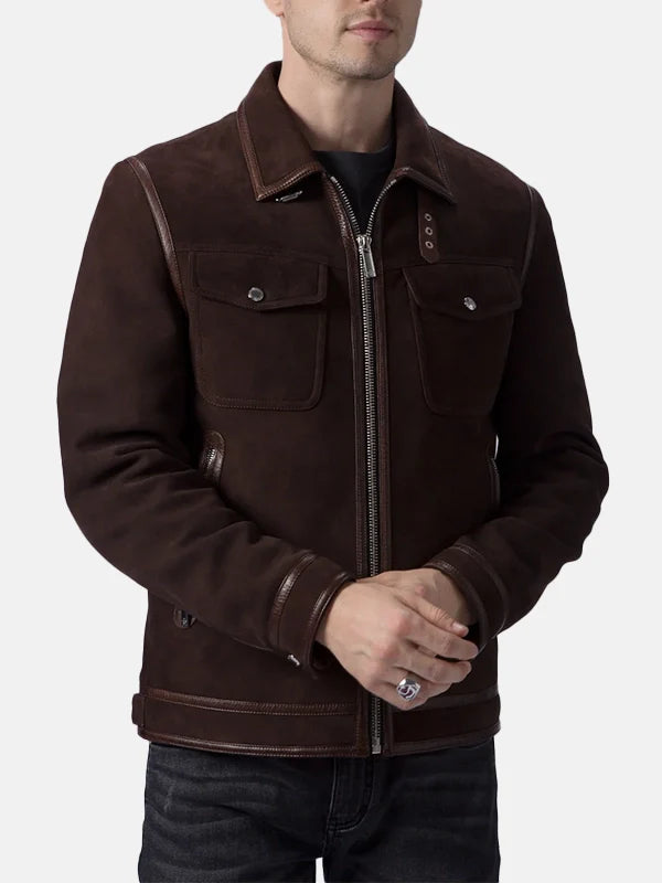 Mens Brown Suede Trucker Casual Leather Jacket Front