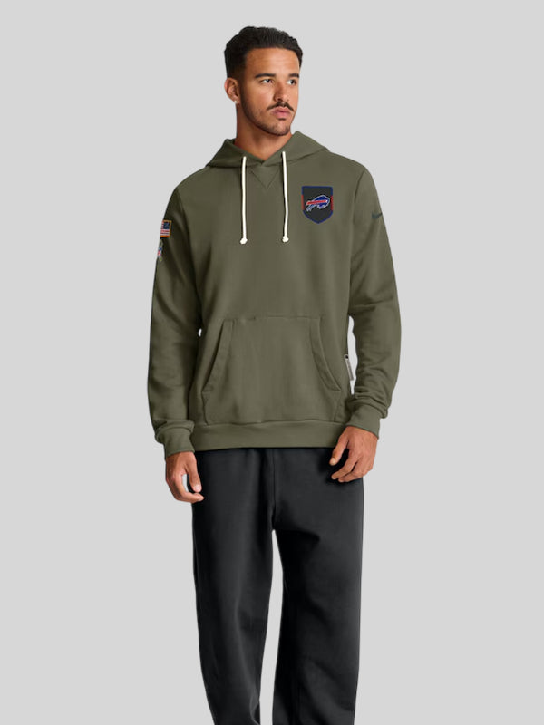Mens Buffalo Bills 49ers Nike Olive 2025 Salute to Service Sideline Standard Issue Dri FIT Hoodie