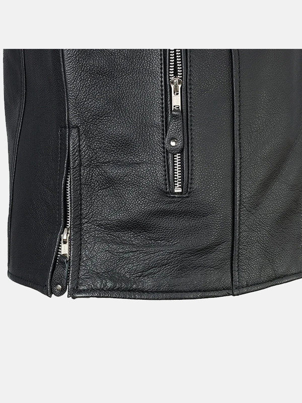 Mens Cafe Racer Black Leather Jacket Close Up