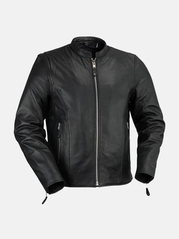 Mens Cafe Racer Black Leather Jacket Front