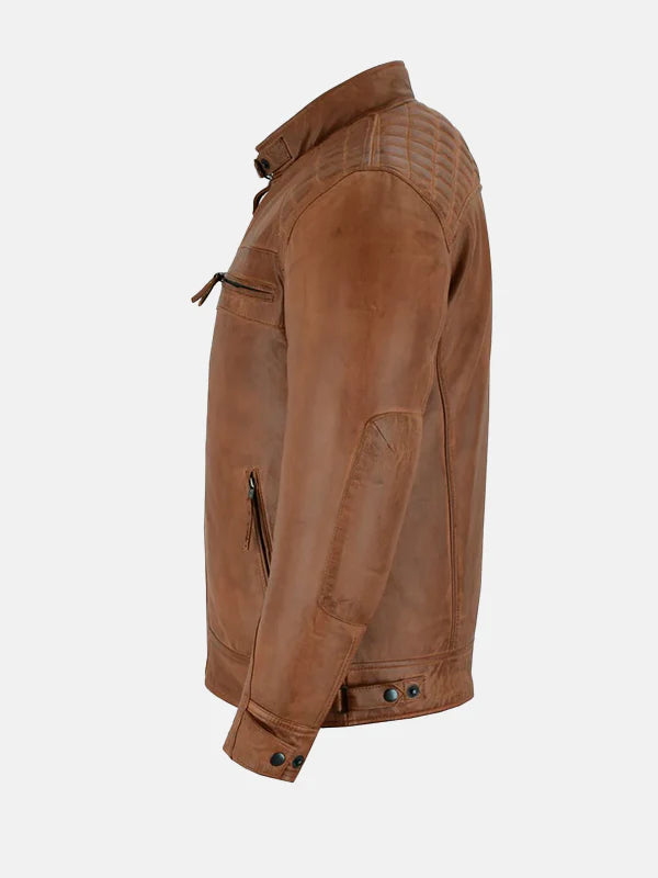 Mens Cafe Racer Brown Leather Biker Jacket