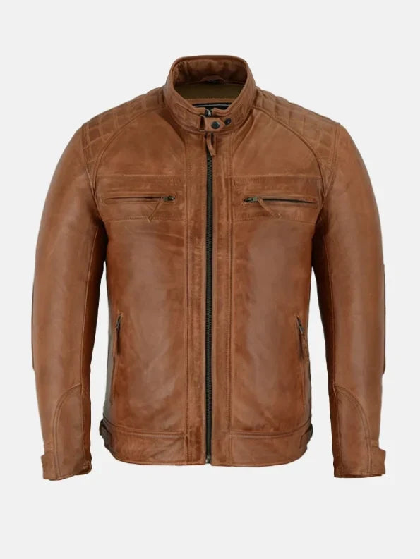 Mens Cafe Racer Brown Motorcycle Leather Jacket Front