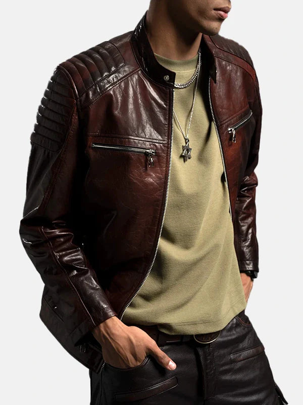 Mens Cafe Racer Reddish Brown Leather Jacket