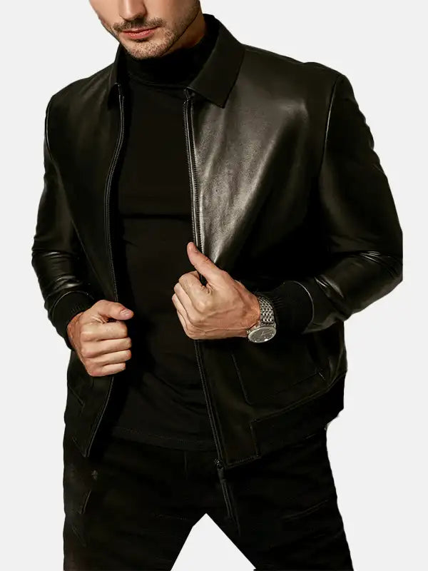 Mens Classic Black Leather Jacket Front Open
