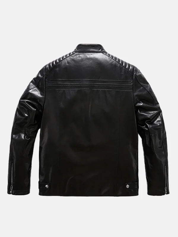 Mens Classic Black Leather Racer Jacket Back