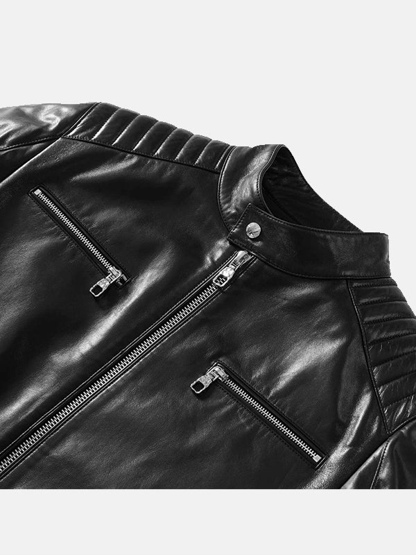 Mens Classic Black Leather Racer Jacket Close Up