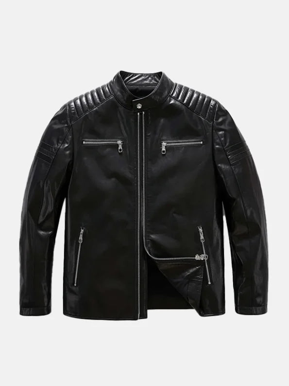 Mens Classic Black Leather Racer Jacket Front