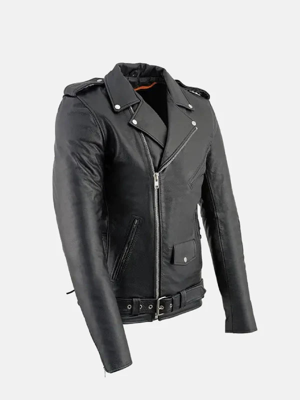 Mens Classic Police Biker Leather Jacket Right Side Pose