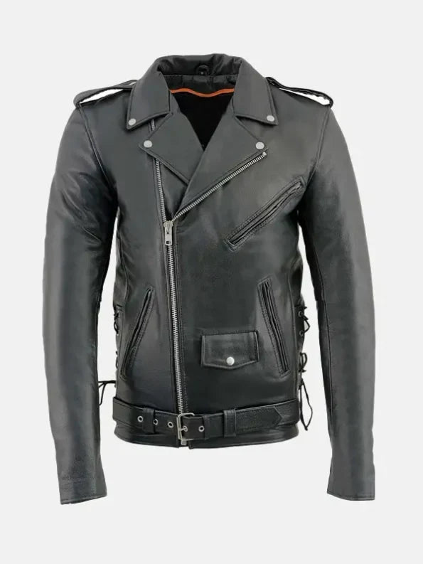 Mens Classic Police Style Biker Leather Jacket