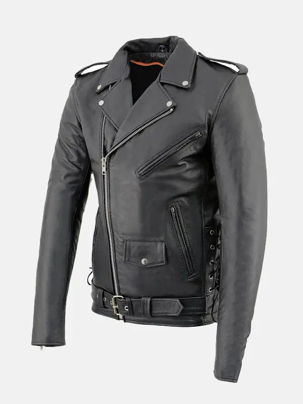 Mens Classic Police Style Biker Leather Jacket Left Side Pose