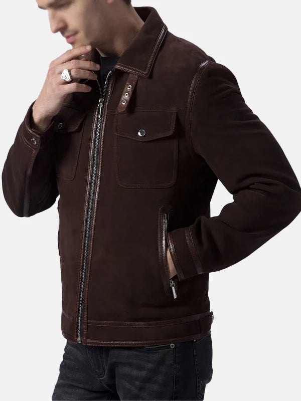 Mens Coffee Brown Suede Leather Jacket