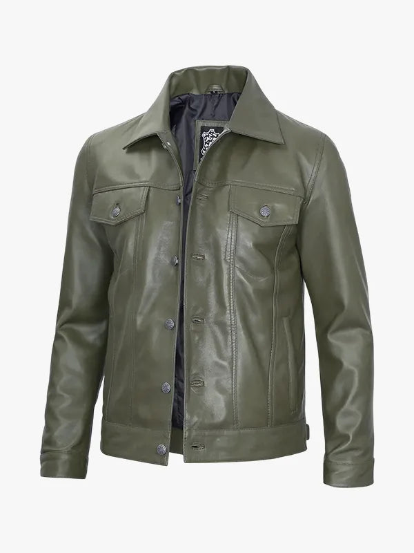 Mens Four Pockets Olive Green Trucker Leather Jacket