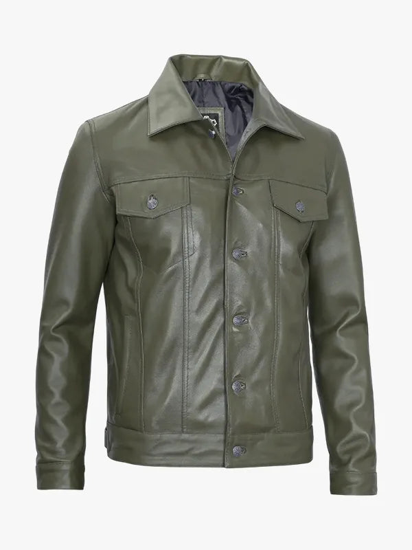 Mens Four Pockets Trucker Leather Jacket