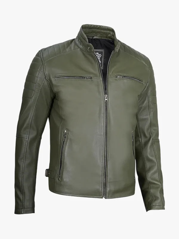 Mens Green Cafe Racer Leather Jacket
