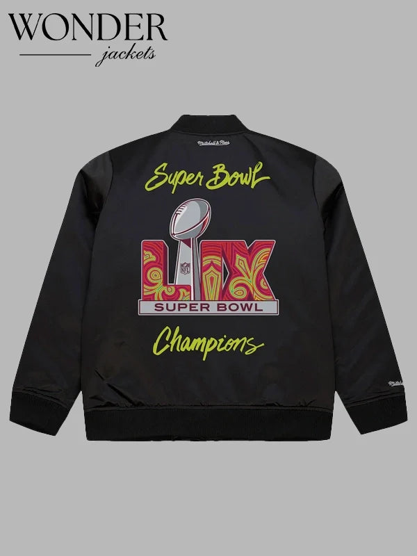 Mens Mitchell Ness Black Philadelphia Eagles Super Bowl LIX Champions Team Logo Satin Full-Zip Bomber Jacket