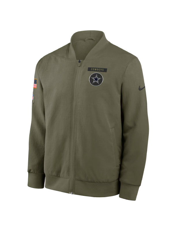 Mens Nike Olive Dallas Cowboys 2025 Salute to Service Sideline Full Zip Bomber Jacket