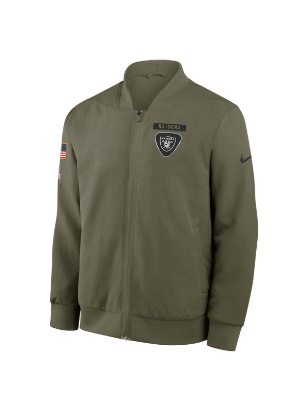 Mens Nike Olive Las Vegas Raiders 2025 Salute to Service Sideline Full Zip Bomber Jacket
