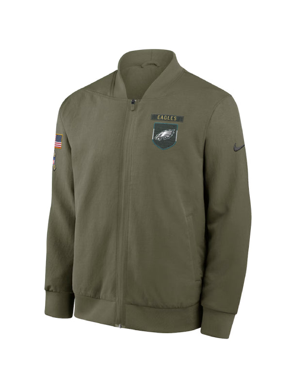 Mens Nike Olive Philadelphia Eagles 2025 Salute to Service Sideline Full Zip Bomber Jacket