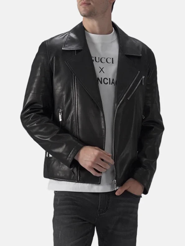 Mens Padded Black Leather Jacket Front