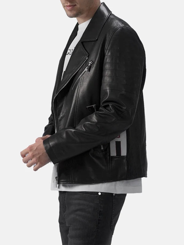 Mens Padded Black Leather Jacket Side Pose