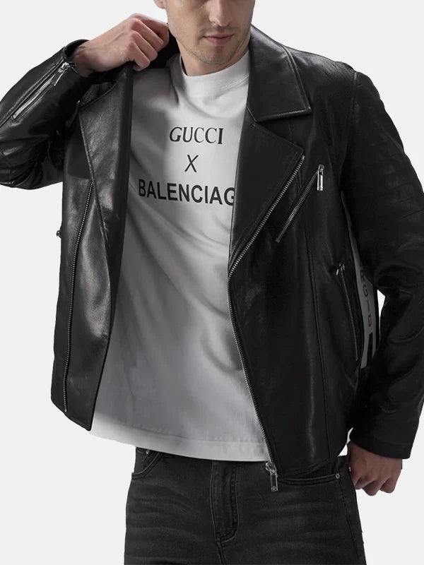 Mens Padded Black Leather Moto Jacket