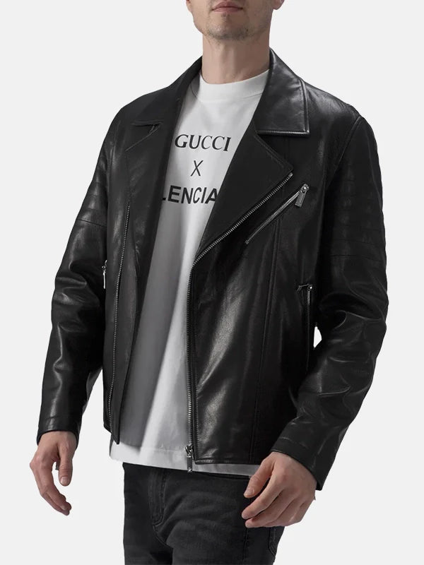 Mens Padded Style Black Leather Moto Jacket