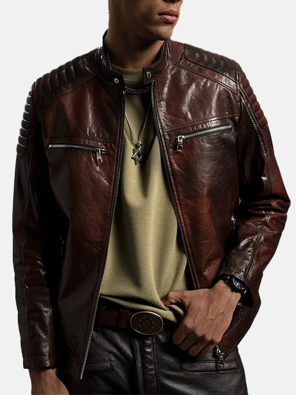 Mens Reddish Brown Cafe Racer Leather Jacket