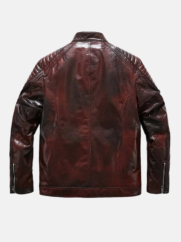 Mens Reddish Brown Cafe Racer Leather Moto Jacket Back