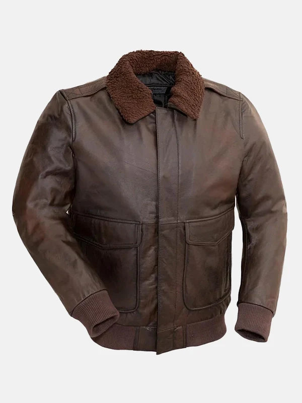 Mens Shearling Collar Brown Bomber Jacket Front