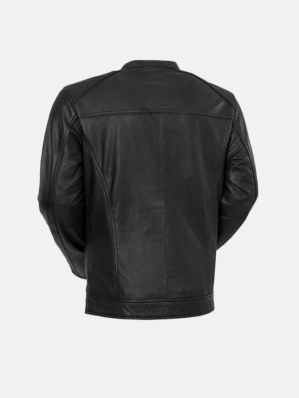 Mens Snap Tab Collar Black Leather Jacket Back